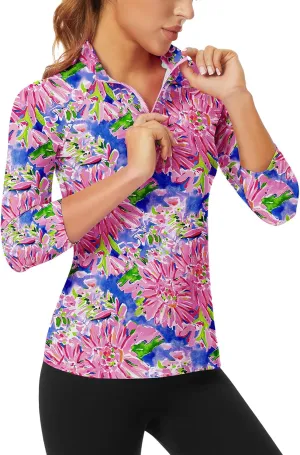 WOWENY Women's 3/4 Sleeve Athletic Golf Shirts Quarter Zip Pullover Collared T-Shirt Workout Print Tennis Top