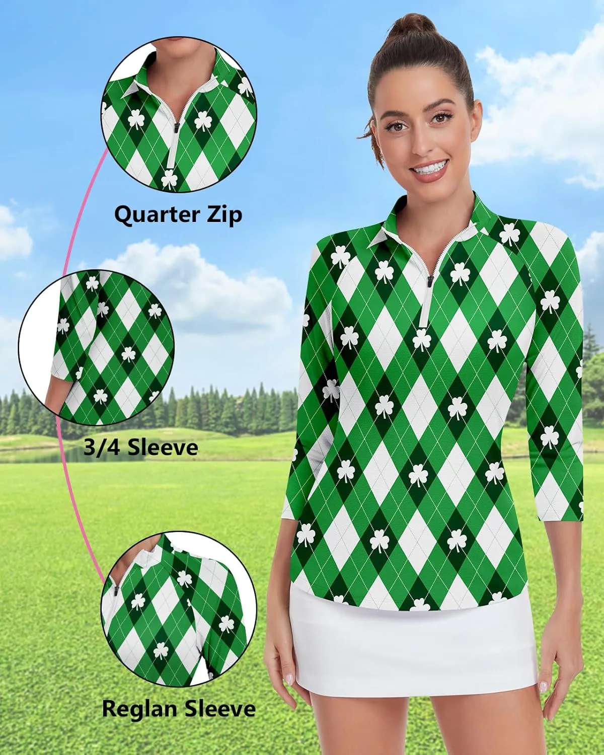 WOWENY Women's 3/4 Sleeve Athletic Golf Shirts Quarter Zip Pullover Collared T-Shirt Workout Print Tennis Top