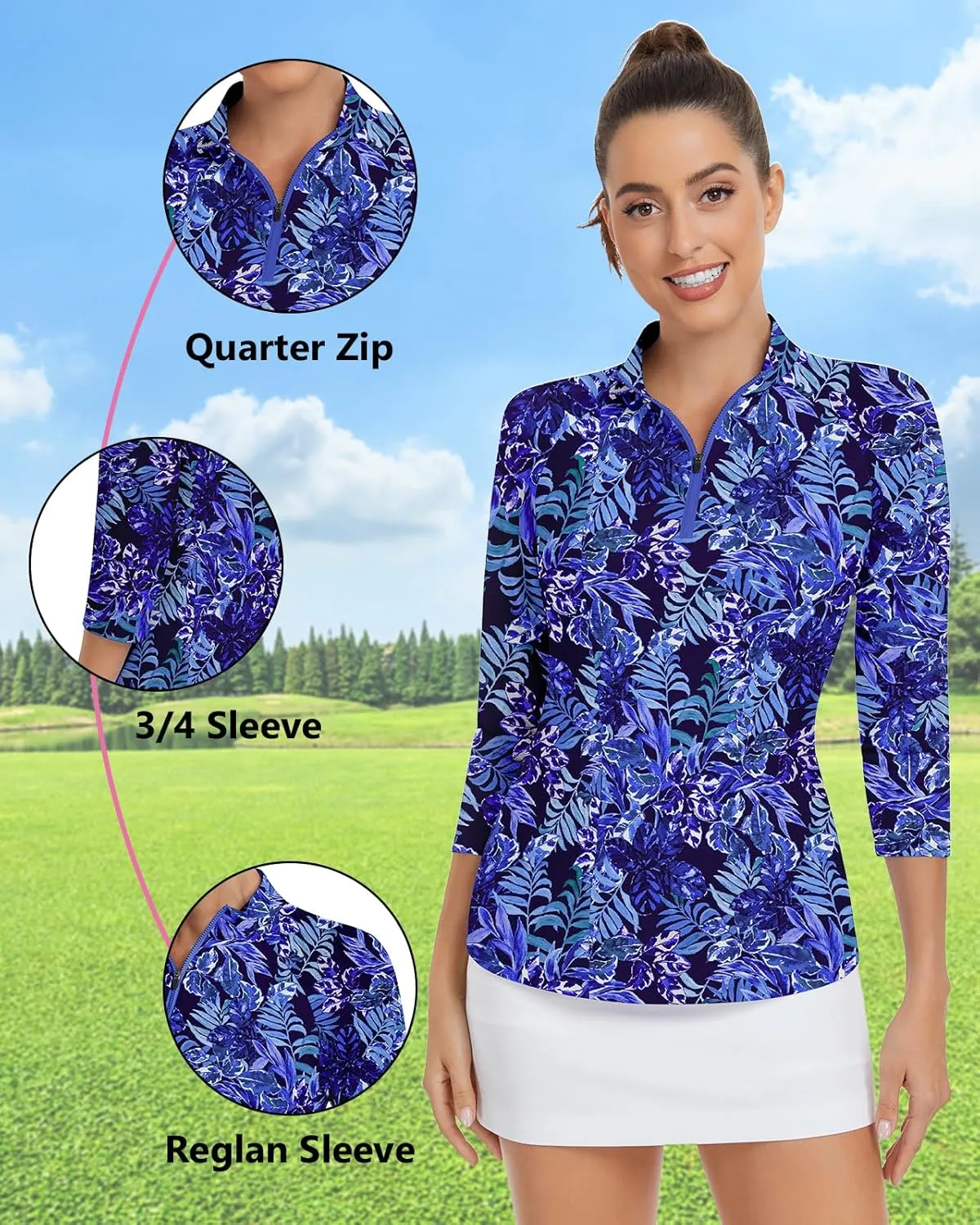 WOWENY Women's 3/4 Sleeve Athletic Golf Shirts Quarter Zip Pullover Collared T-Shirt Workout Print Tennis Top