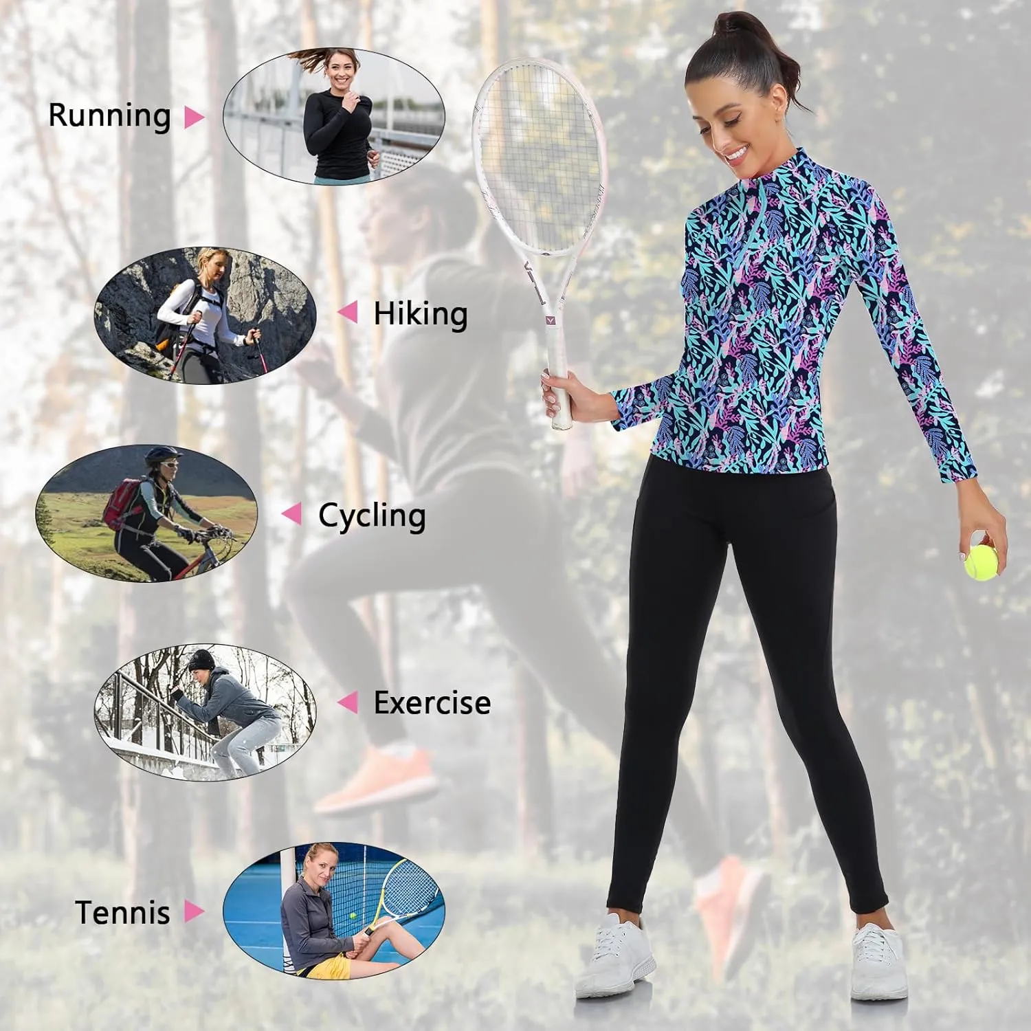 WOWENY Women's Long Sleeve Athletic Shirts Quarter Zip Pullover Collared T-Shirt Workout Print Tennis Top