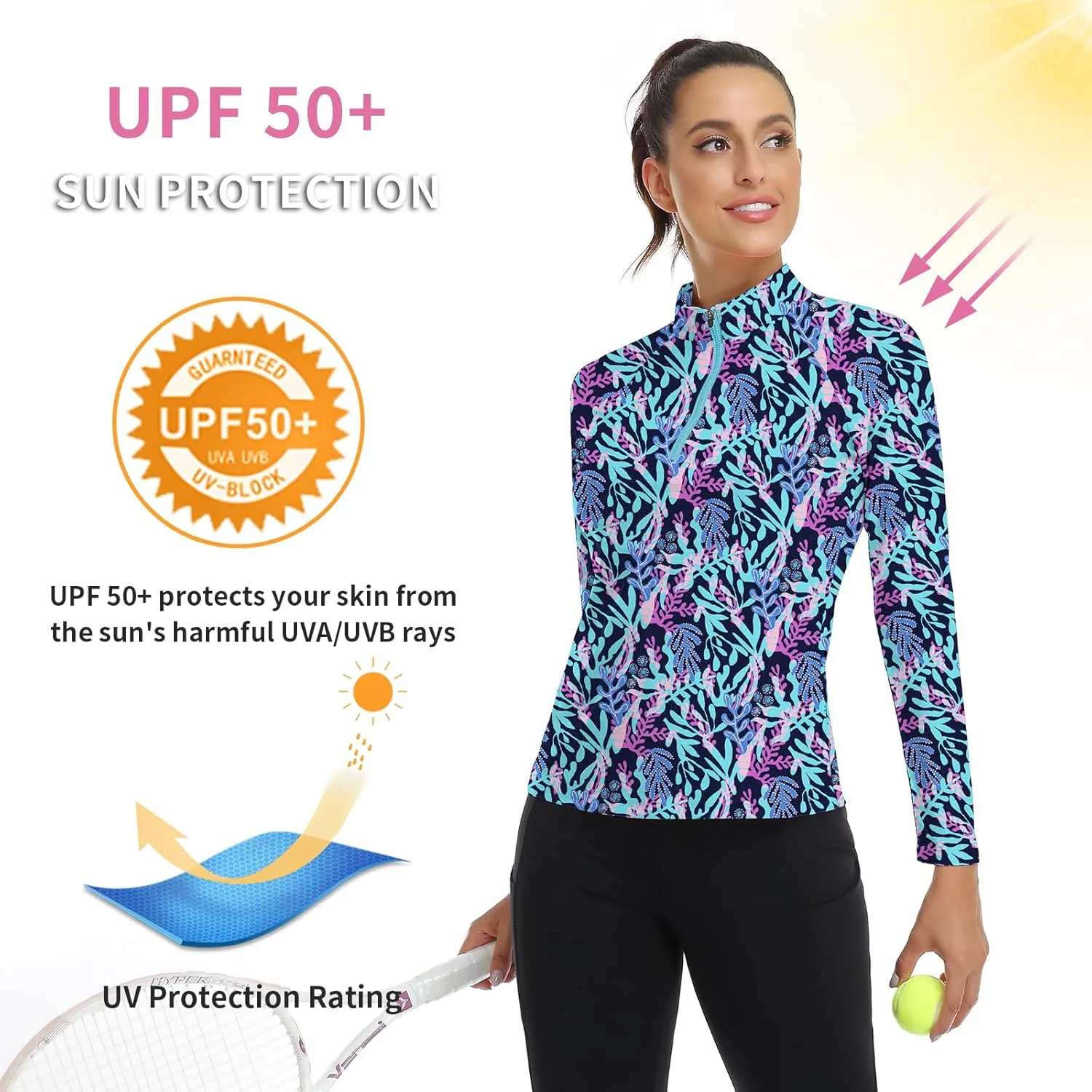 WOWENY Women's Long Sleeve Athletic Shirts Quarter Zip Pullover Collared T-Shirt Workout Print Tennis Top