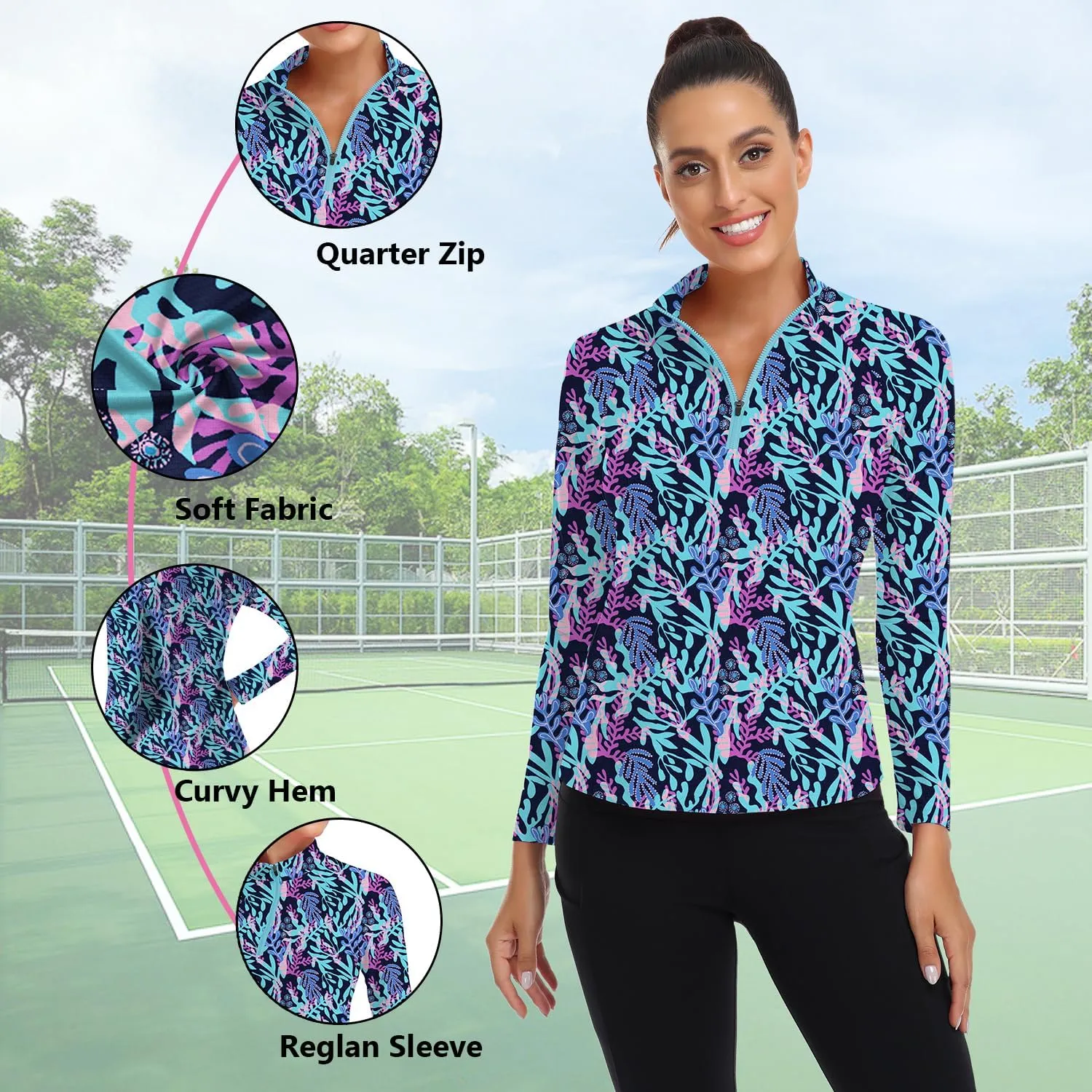 WOWENY Women's Long Sleeve Athletic Shirts Quarter Zip Pullover Collared T-Shirt Workout Print Tennis Top