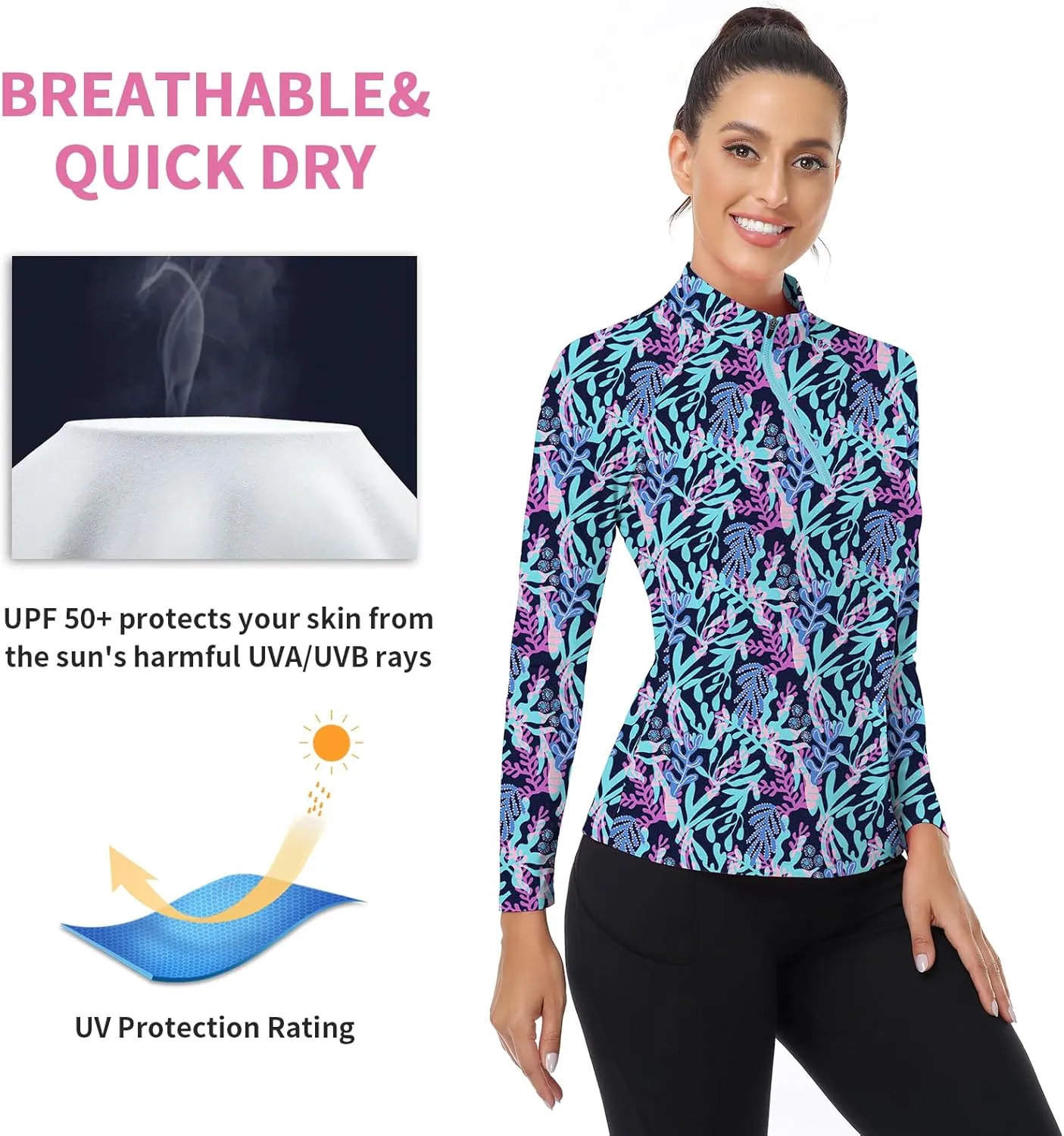 WOWENY Women's Long Sleeve Athletic Shirts Quarter Zip Pullover Collared T-Shirt Workout Print Tennis Top