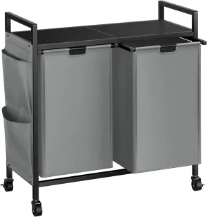 WOWLIVE Double Laundry Hamper with Lid,Rolling Basket Organizer Wheels, Iron-Made Sorter Top Shelf and 2 Removable Bags,Large Capacity Storage for Room,Gray, 110L