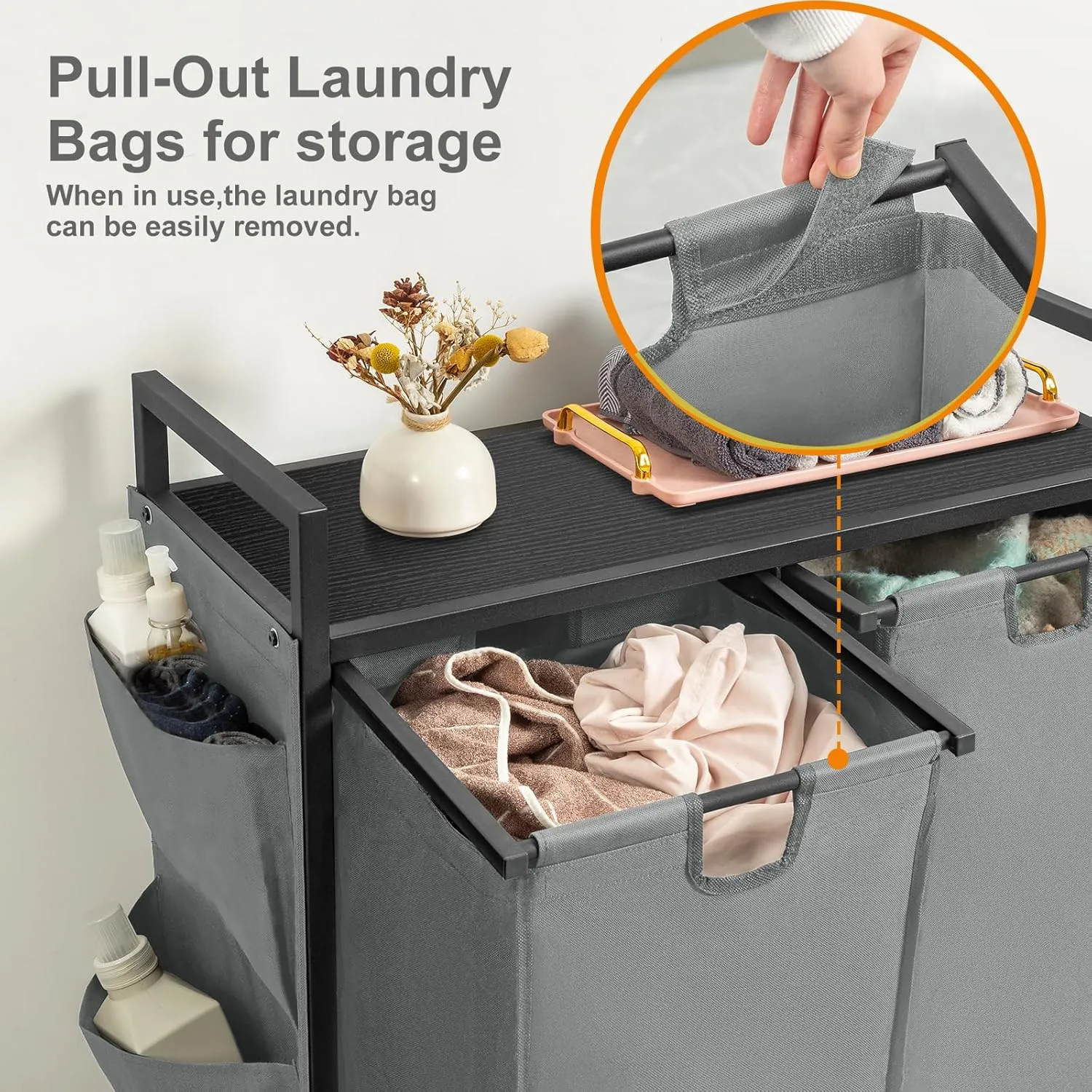 WOWLIVE Double Laundry Hamper with Lid,Rolling Basket Organizer Wheels, Iron-Made Sorter Top Shelf and 2 Removable Bags,Large Capacity Storage for Room,Gray, 110L