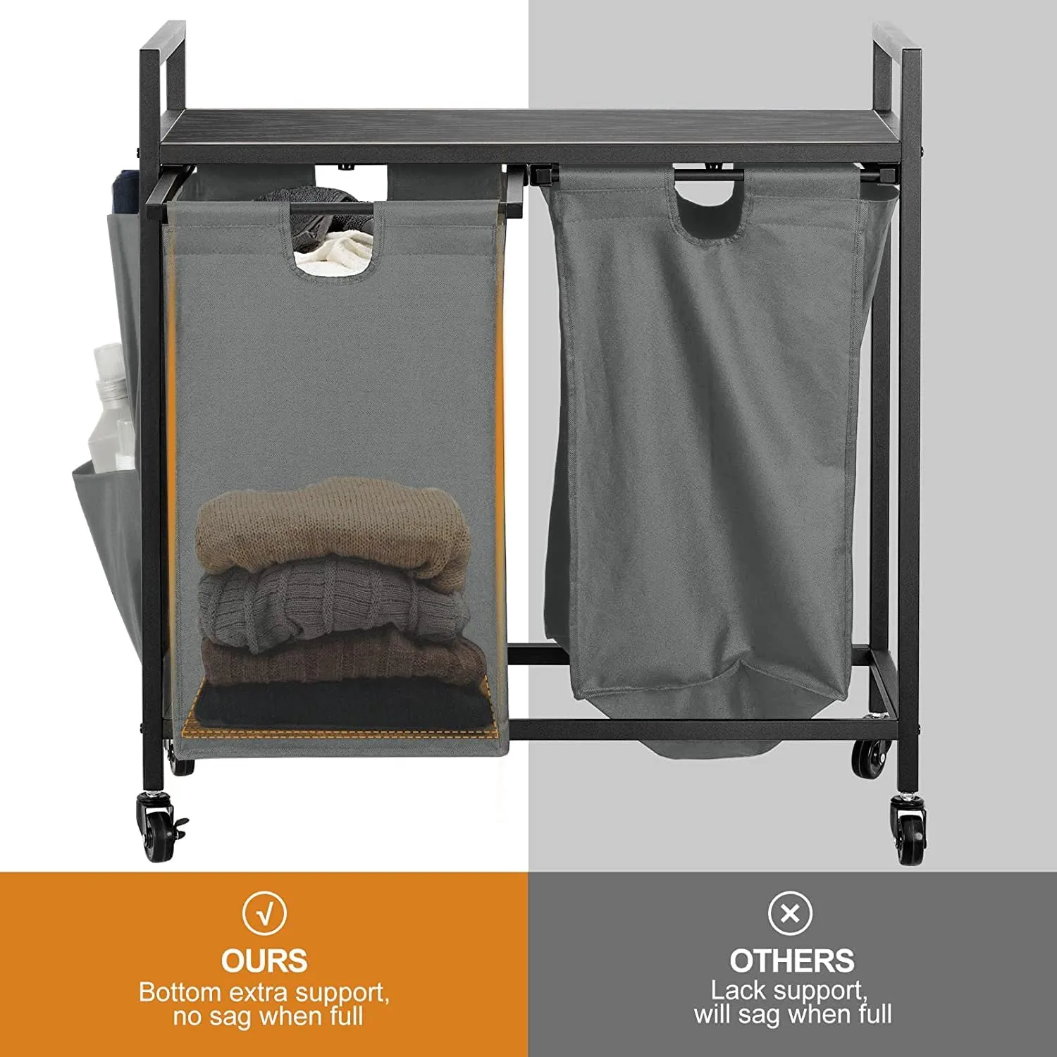 WOWLIVE Double Laundry Hamper with Lid,Rolling Basket Organizer Wheels, Iron-Made Sorter Top Shelf and 2 Removable Bags,Large Capacity Storage for Room,Gray, 110L