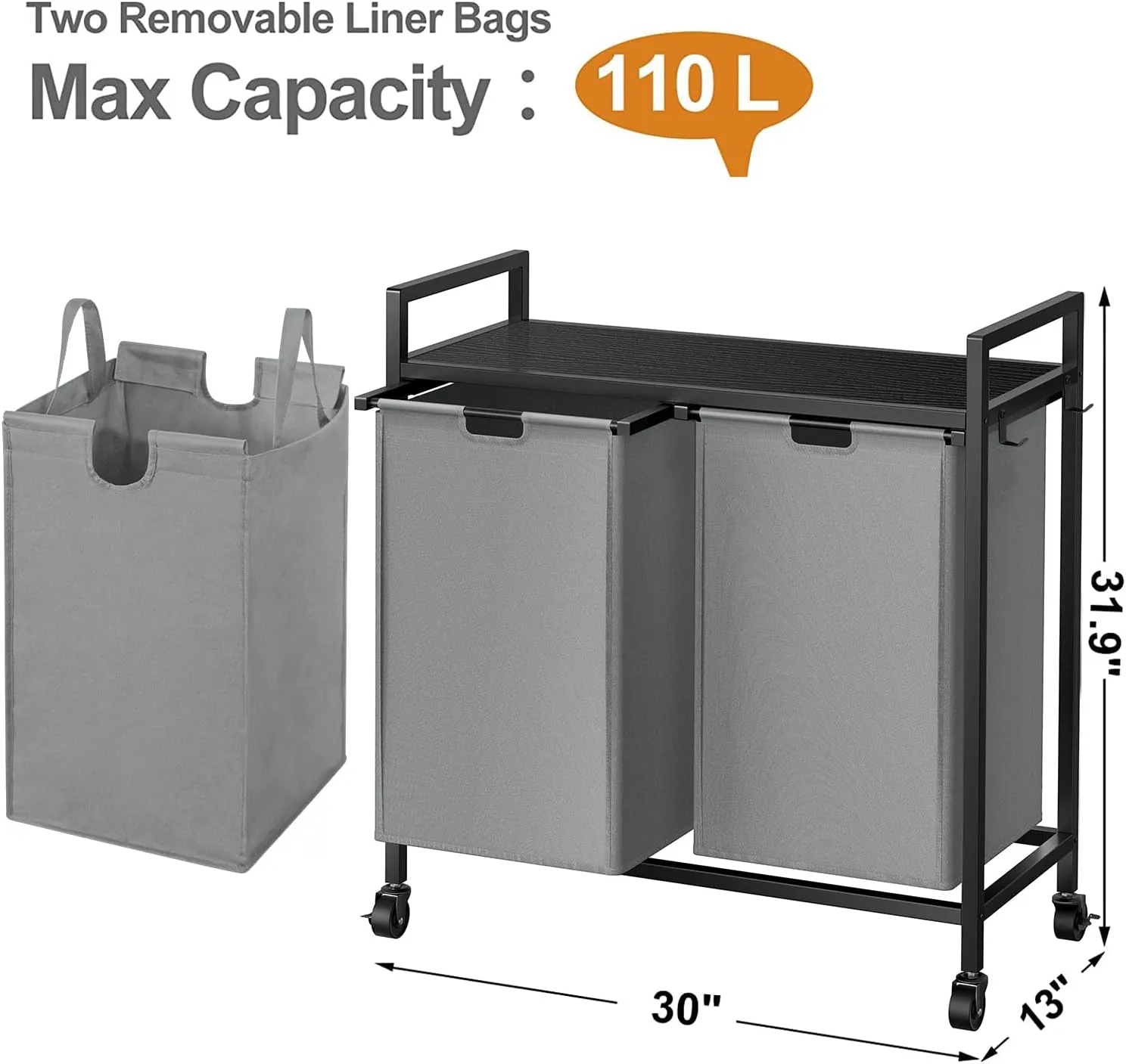 WOWLIVE Double Laundry Hamper with Lid,Rolling Basket Organizer Wheels, Iron-Made Sorter Top Shelf and 2 Removable Bags,Large Capacity Storage for Room,Gray, 110L