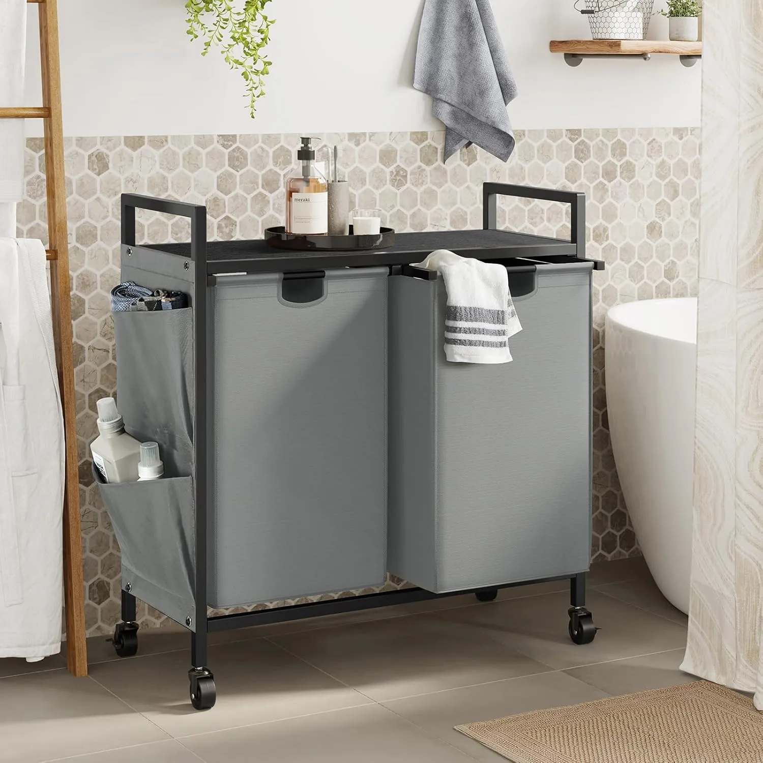WOWLIVE Double Laundry Hamper with Lid,Rolling Basket Organizer Wheels, Iron-Made Sorter Top Shelf and 2 Removable Bags,Large Capacity Storage for Room,Gray, 110L