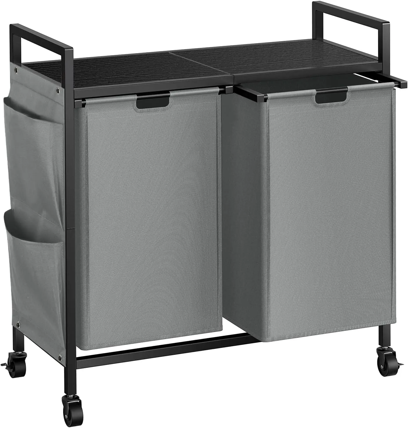 WOWLIVE Double Laundry Hamper with Lid,Rolling Basket Organizer Wheels, Iron-Made Sorter Top Shelf and 2 Removable Bags,Large Capacity Storage for Room,Gray, 110L