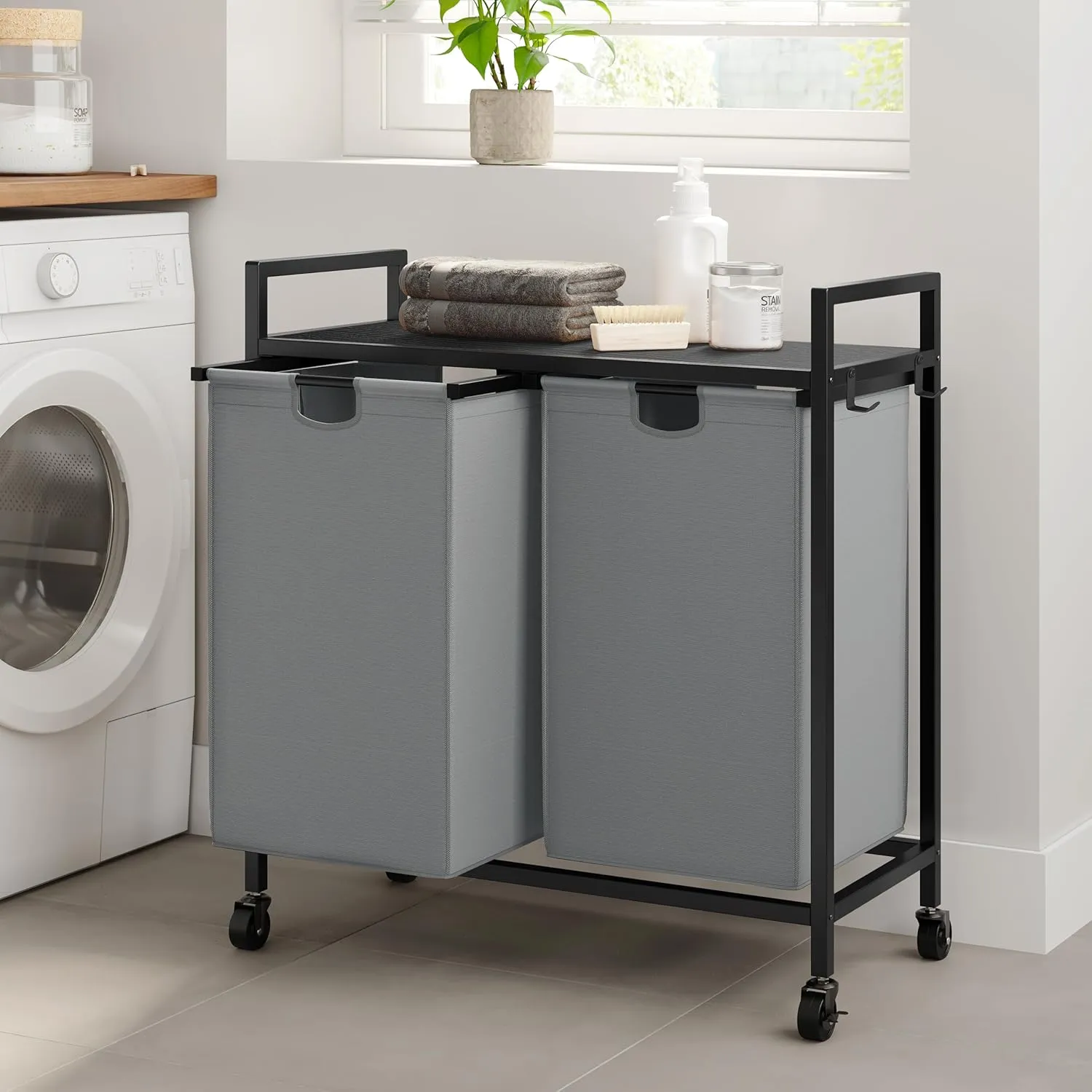 WOWLIVE Double Laundry Hamper with Lid,Rolling Basket Organizer Wheels, Iron-Made Sorter Top Shelf and 2 Removable Bags,Large Capacity Storage for Room,Gray, 110L