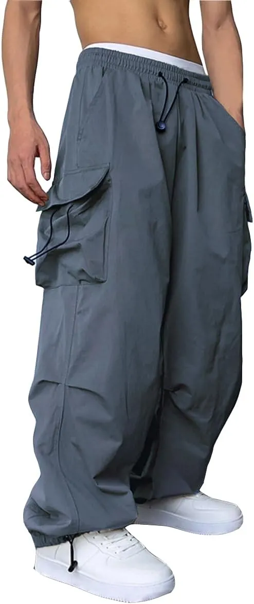 WZIKAI Men's Baggy Cargo Pants Casual Parachute Cargo Pants Loose Fit Hip Hop Harem Pants with Pockets