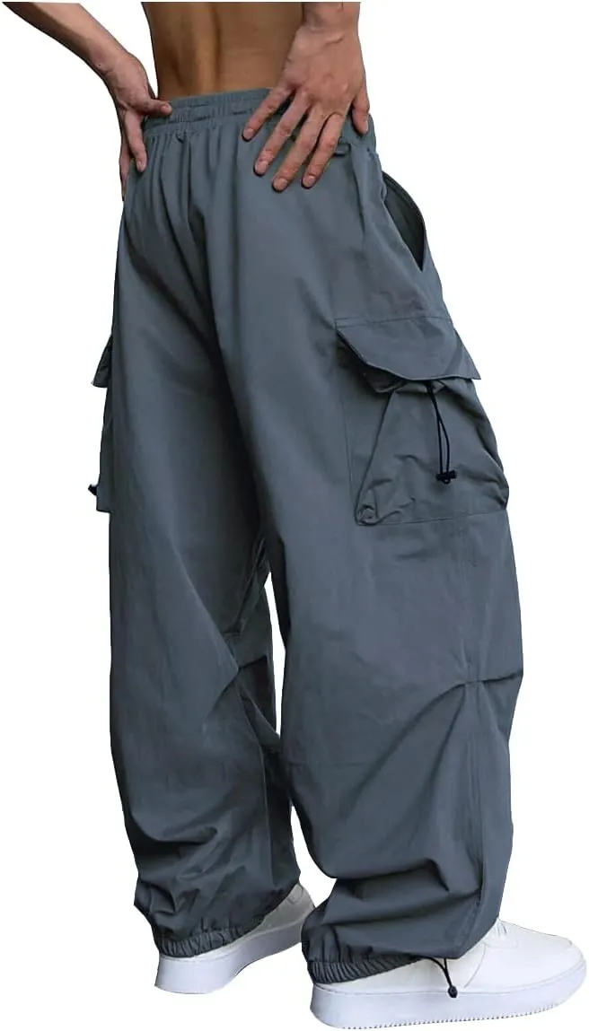 WZIKAI Men's Baggy Cargo Pants Casual Parachute Cargo Pants Loose Fit Hip Hop Harem Pants with Pockets