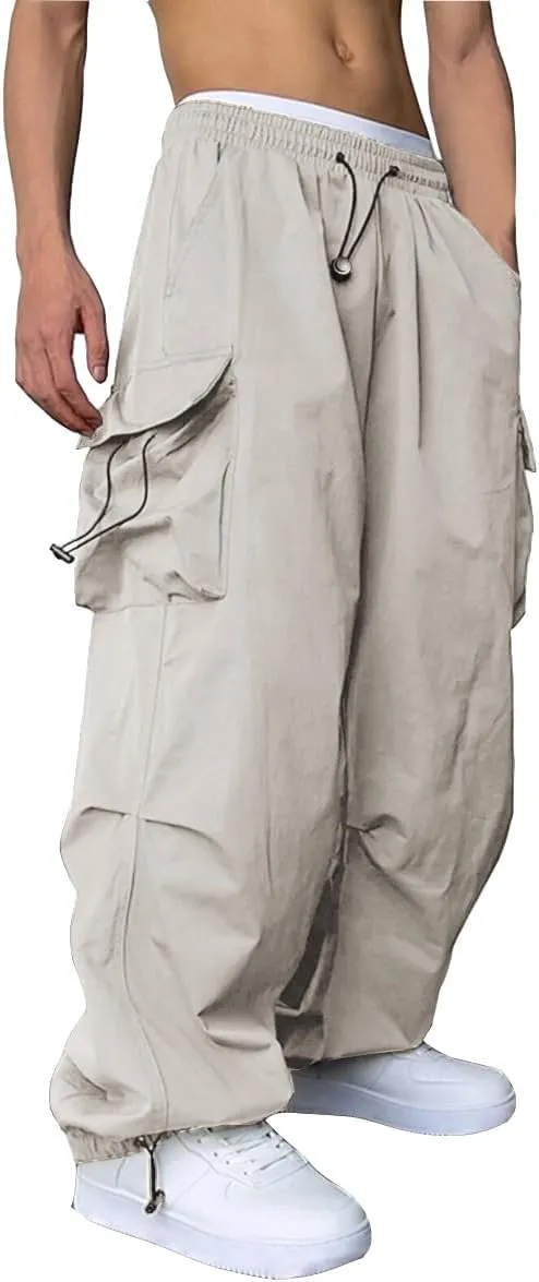 WZIKAI Men's Baggy Cargo Pants Casual Parachute Cargo Pants Loose Fit Hip Hop Harem Pants with Pockets
