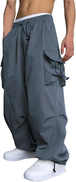 WZIKAI Men's Baggy Cargo Pants Casual Parachute Cargo Pants Loose Fit Hip Hop Harem Pants with Pockets
