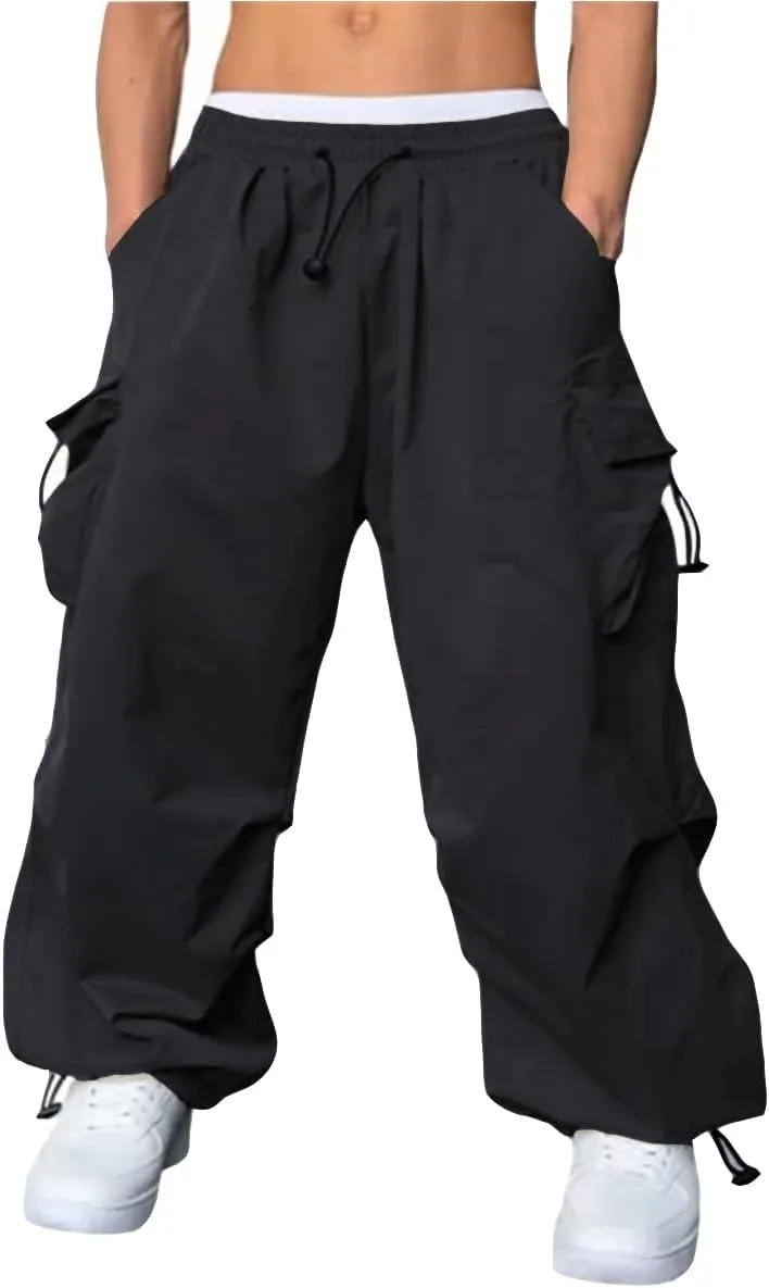 WZIKAI Men's Baggy Cargo Pants Casual Parachute Cargo Pants Loose Fit Hip Hop Harem Pants with Pockets