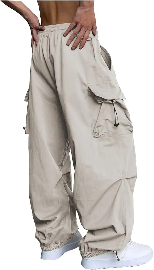 WZIKAI Men's Baggy Cargo Pants Casual Parachute Cargo Pants Loose Fit Hip Hop Harem Pants with Pockets