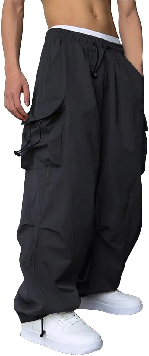 WZIKAI Men's Baggy Cargo Pants Casual Parachute Cargo Pants Loose Fit Hip Hop Harem Pants with Pockets