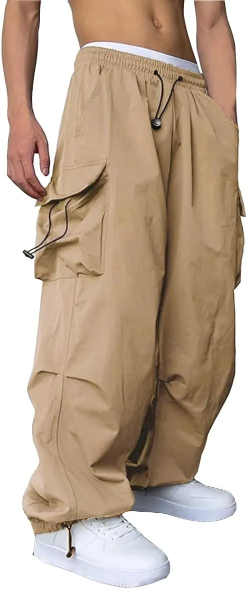 WZIKAI Men's Baggy Cargo Pants Casual Parachute Cargo Pants Loose Fit Hip Hop Harem Pants with Pockets