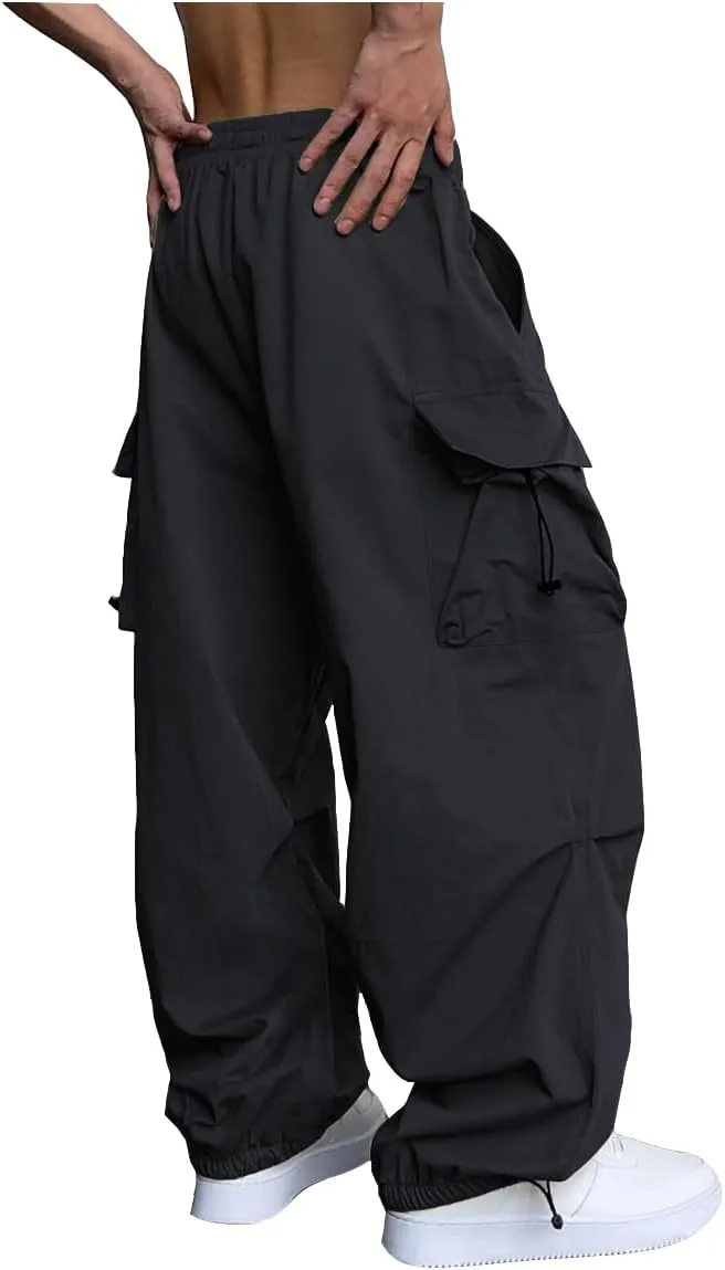 WZIKAI Men's Baggy Cargo Pants Casual Parachute Cargo Pants Loose Fit Hip Hop Harem Pants with Pockets
