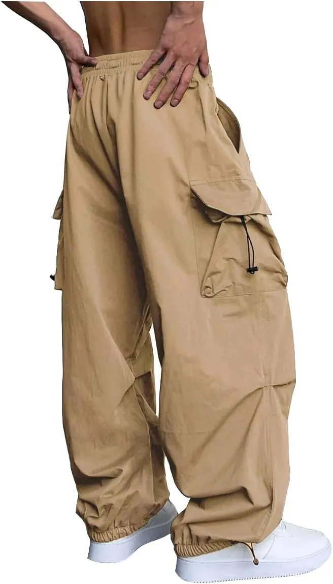 WZIKAI Men's Baggy Cargo Pants Casual Parachute Cargo Pants Loose Fit Hip Hop Harem Pants with Pockets