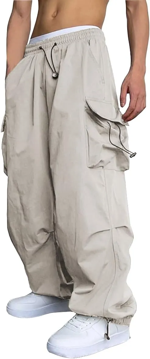 WZIKAI Men's Baggy Cargo Pants Casual Parachute Cargo Pants Loose Fit Hip Hop Harem Pants with Pockets