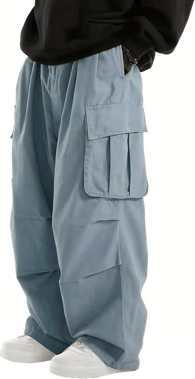 WZIKAI Men's Baggy Cargo Pants Elastic Waist Drawstring Parachute Cargo Pants Casual Joggers Hiking Pants with Pockets