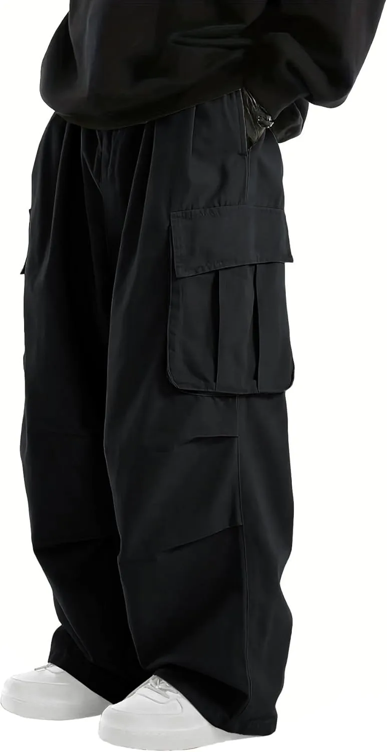 WZIKAI Men's Baggy Cargo Pants Elastic Waist Drawstring Parachute Cargo Pants Casual Joggers Hiking Pants with Pockets
