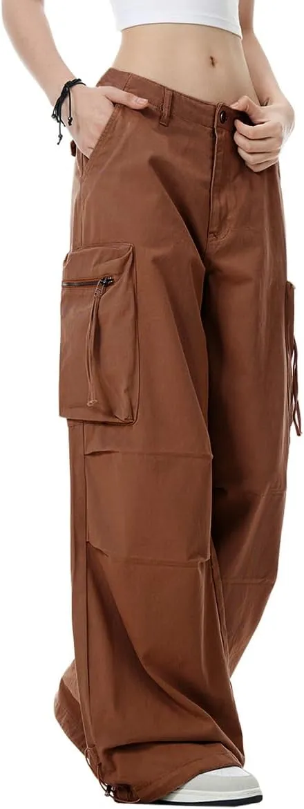 WZIKAI Womens Parachute Cargo Pants Y2K Baggy Cargo Pants Wide Leg Casual Joggers with Pockets