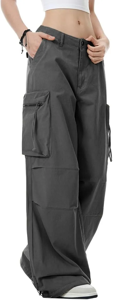 WZIKAI Womens Parachute Cargo Pants Y2K Baggy Cargo Pants Wide Leg Casual Joggers with Pockets