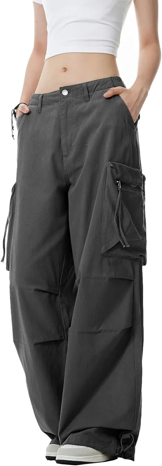 WZIKAI Womens Parachute Cargo Pants Y2K Baggy Cargo Pants Wide Leg Casual Joggers with Pockets