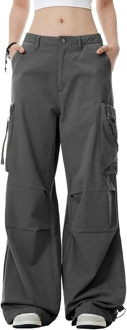 WZIKAI Womens Parachute Cargo Pants Y2K Baggy Cargo Pants Wide Leg Casual Joggers with Pockets