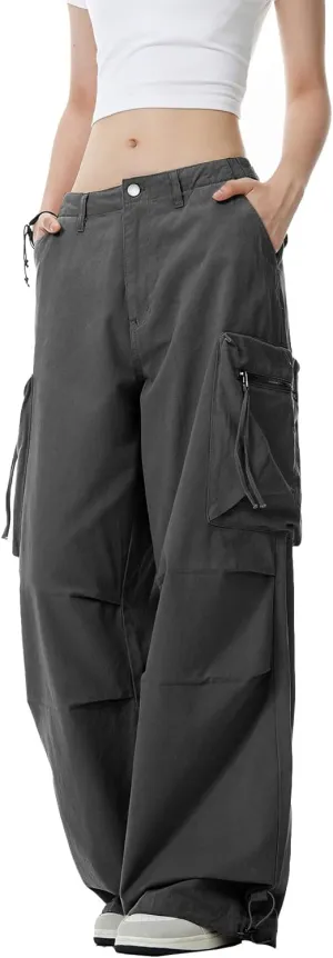 WZIKAI Womens Parachute Cargo Pants Y2K Baggy Cargo Pants Wide Leg Casual Joggers with Pockets