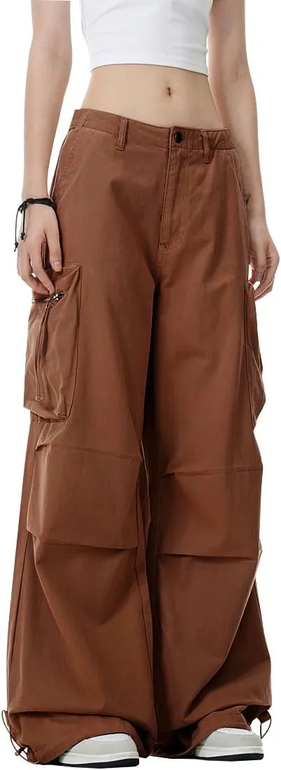 WZIKAI Womens Parachute Cargo Pants Y2K Baggy Cargo Pants Wide Leg Casual Joggers with Pockets