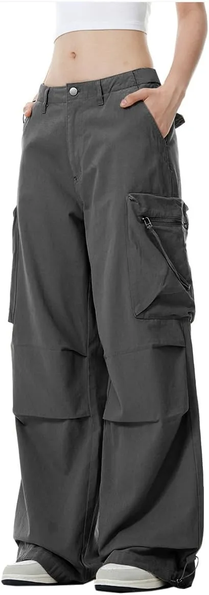 WZIKAI Womens Parachute Cargo Pants Y2K Baggy Cargo Pants Wide Leg Casual Joggers with Pockets
