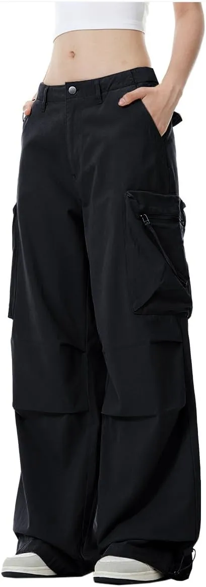 WZIKAI Womens Parachute Cargo Pants Y2K Baggy Cargo Pants Wide Leg Casual Joggers with Pockets