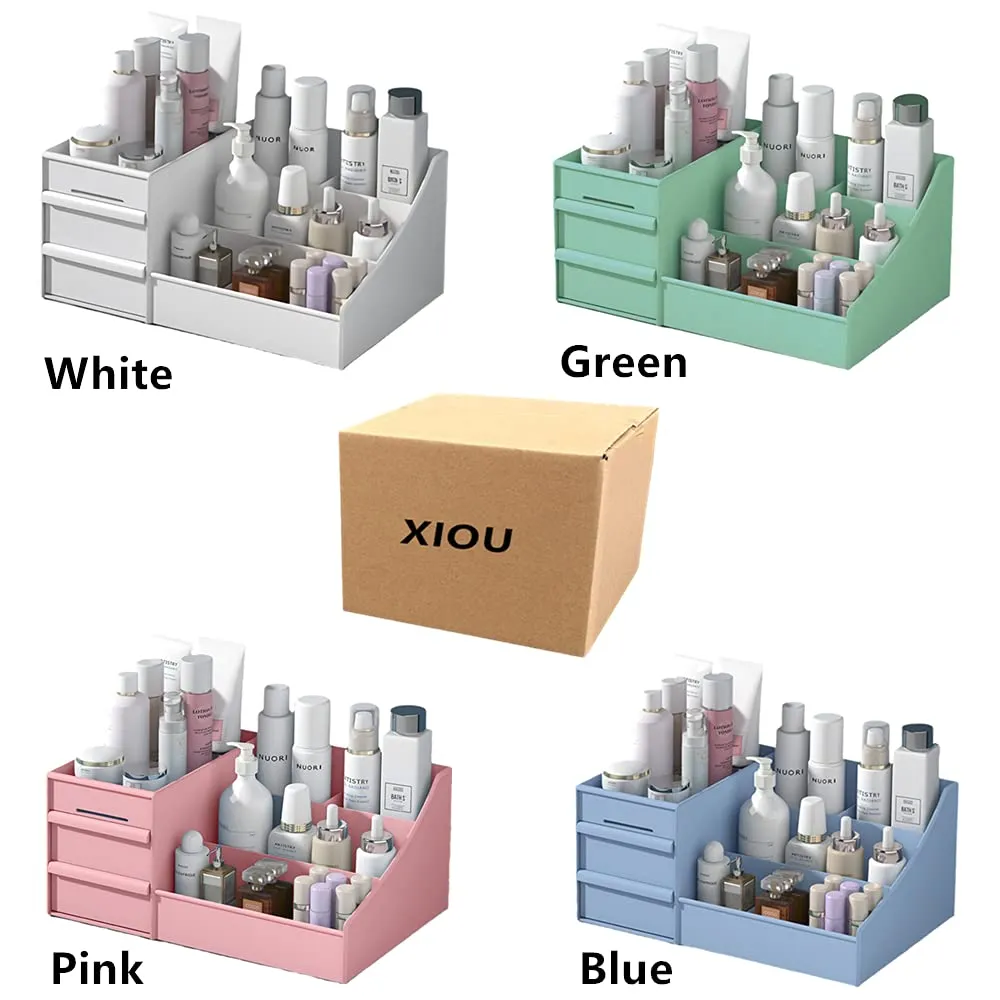 XIOU Makeup Desk Organizer with Drawers - Countertop Organizer for Cosmetics, Vanity Holder for Lipstick, Brushes, Lotions, Eyeshadow, Nail Polish and Jewelry (White)