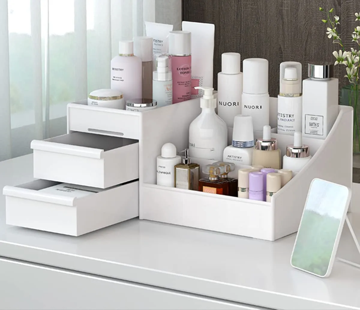 XIOU Makeup Desk Organizer with Drawers - Countertop Organizer for Cosmetics, Vanity Holder for Lipstick, Brushes, Lotions, Eyeshadow, Nail Polish and Jewelry (White)
