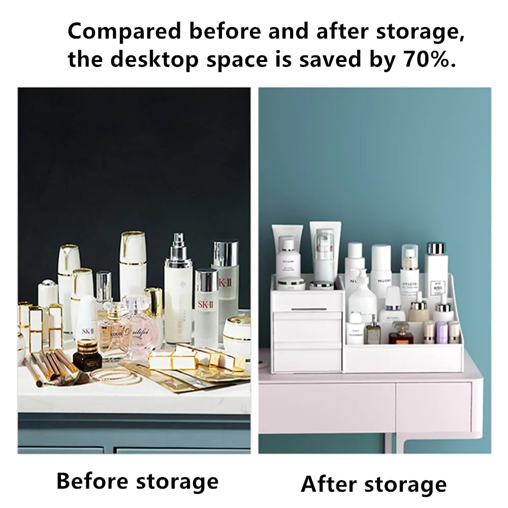 XIOU Makeup Desk Organizer with Drawers - Countertop Organizer for Cosmetics, Vanity Holder for Lipstick, Brushes, Lotions, Eyeshadow, Nail Polish and Jewelry (White)