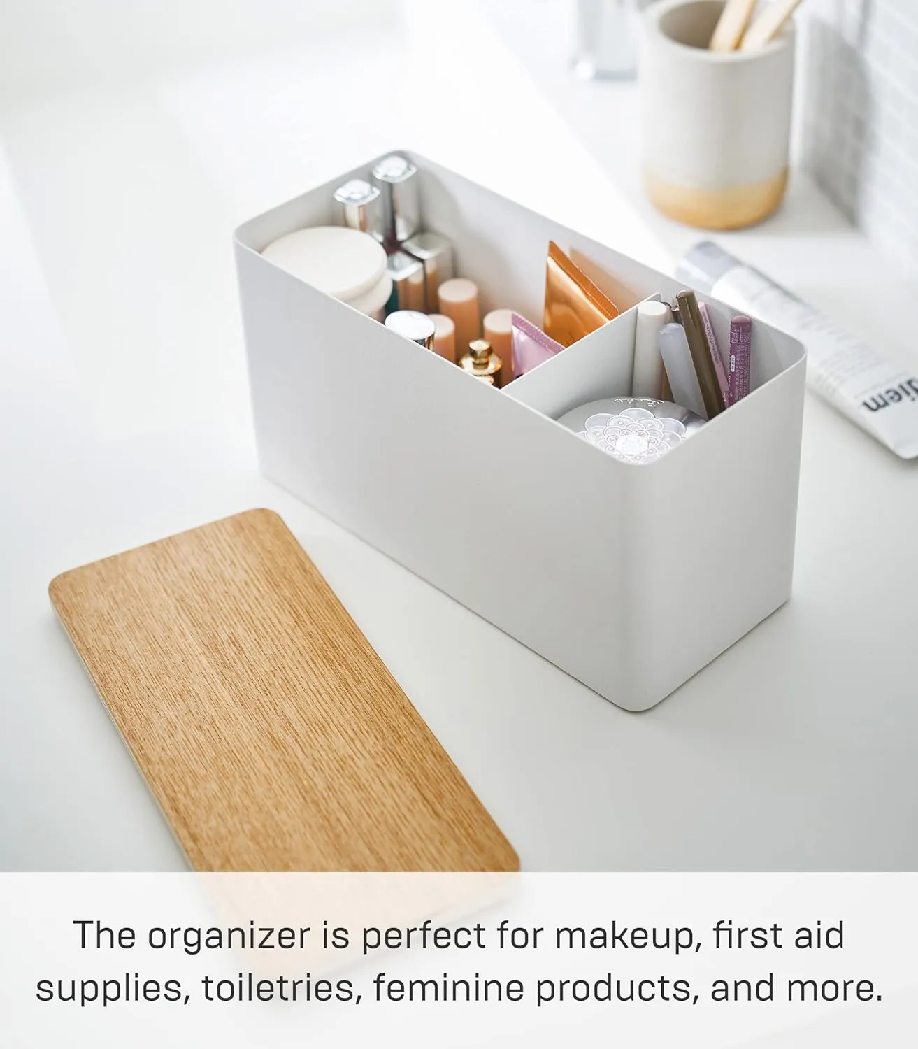 Yamazaki Home Rin Countertop Organizer Bathroom Kitchen Counter Organizer Metal Toiletries Holder - Steel   Wood