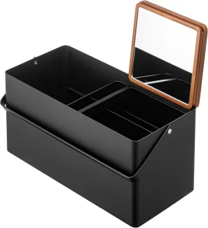 Yamazaki Home Tower Large Makeup Organizer Cosmetic Caddy with Handle Vanity Storage Drawer with Lid - Steel   Wood -, Black