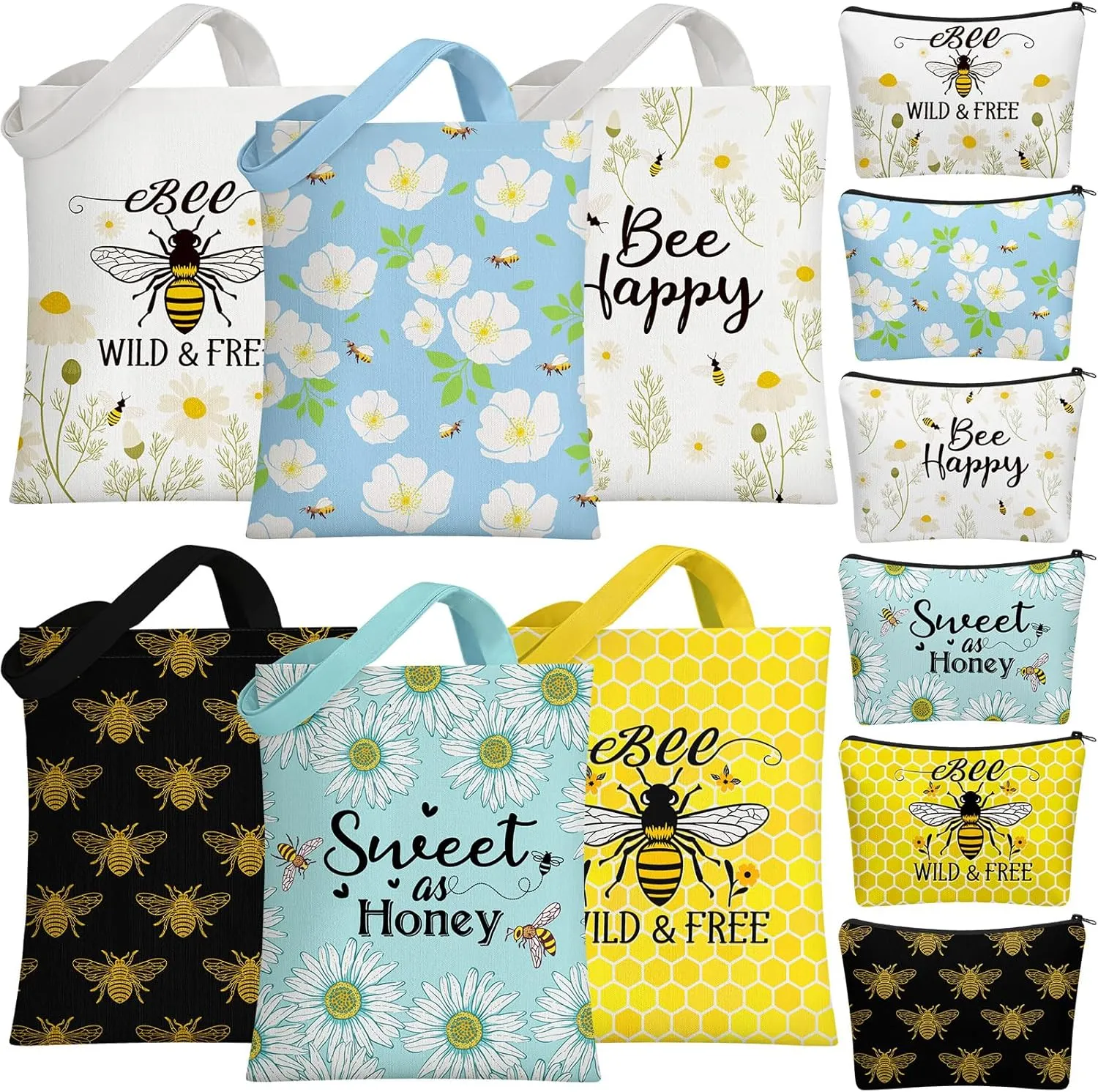 Yaomiao 12 Pcs Bee Themed Gifts for Women Funny Honeybee Canvas Tote Bag with Zipper Makeup Bag Holiday Birthday Gifts for Bee Lovers Teachers Employee Beekeepers