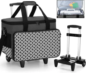 Yarwo 𝟐𝟎𝟐𝟓 𝐍𝐄𝐖 Detachable Rolling Sewing Machine Carrying Case, Trolley Tote Bag with Removable Bottom Board for Most Standard Sewing Machine and Accessoriess, Black with Grid