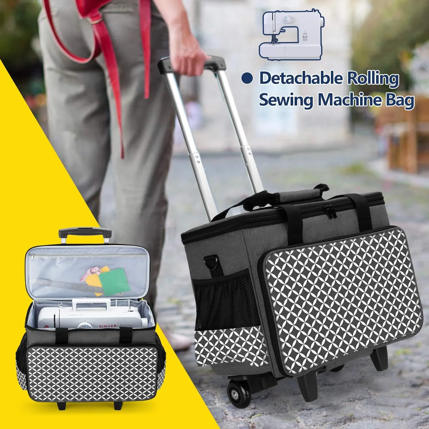 Yarwo 𝟐𝟎𝟐𝟓 𝐍𝐄𝐖 Detachable Rolling Sewing Machine Carrying Case, Trolley Tote Bag with Removable Bottom Board for Most Standard Sewing Machine and Accessoriess, Black with Grid