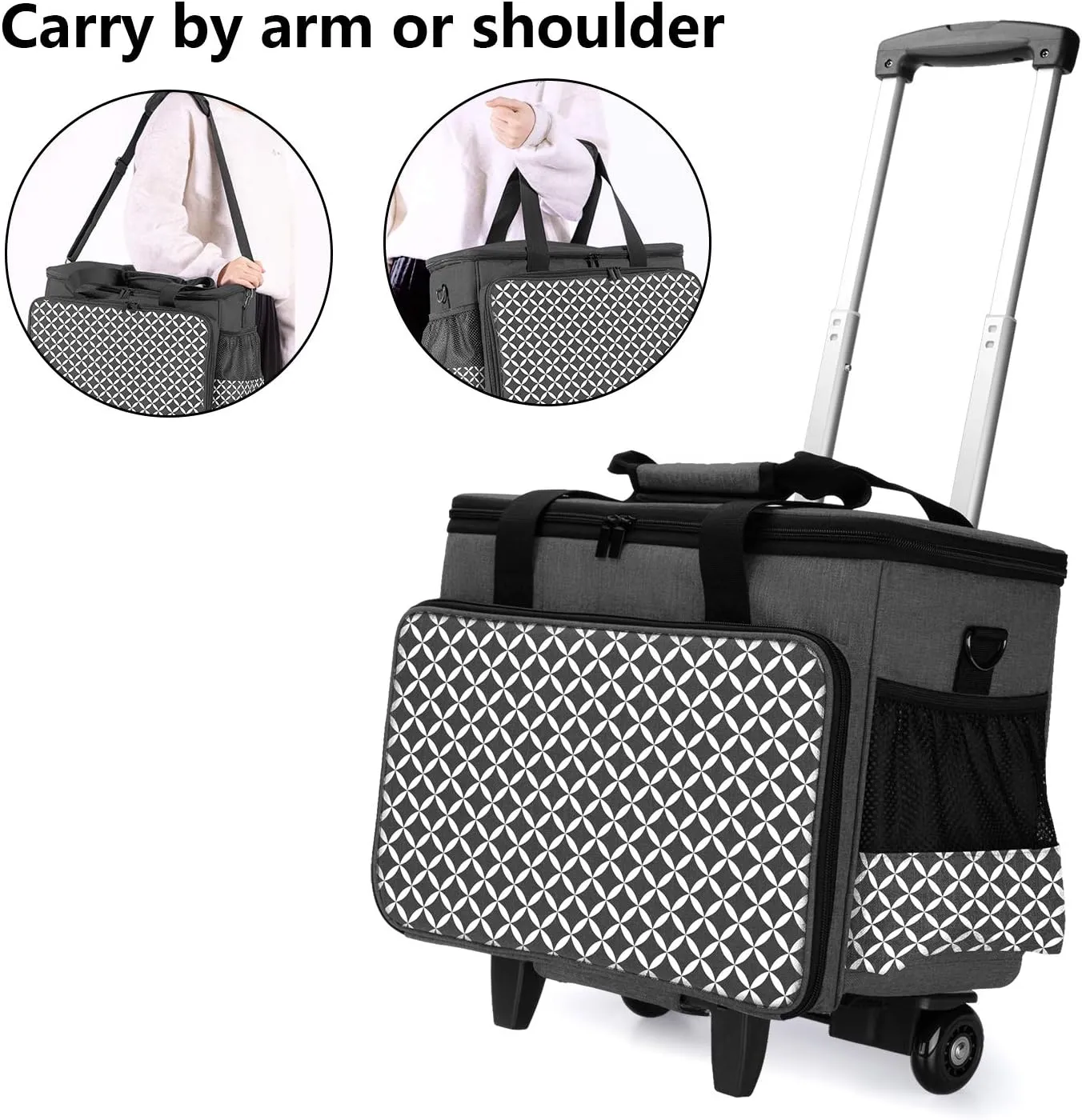 Yarwo 𝟐𝟎𝟐𝟓 𝐍𝐄𝐖 Detachable Rolling Sewing Machine Carrying Case, Trolley Tote Bag with Removable Bottom Board for Most Standard Sewing Machine and Accessoriess, Black with Grid