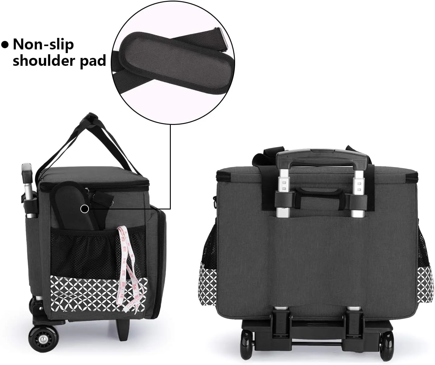 Yarwo 𝟐𝟎𝟐𝟓 𝐍𝐄𝐖 Detachable Rolling Sewing Machine Carrying Case, Trolley Tote Bag with Removable Bottom Board for Most Standard Sewing Machine and Accessoriess, Black with Grid