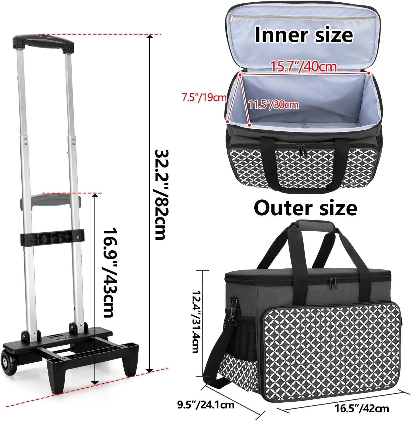 Yarwo 𝟐𝟎𝟐𝟓 𝐍𝐄𝐖 Detachable Rolling Sewing Machine Carrying Case, Trolley Tote Bag with Removable Bottom Board for Most Standard Sewing Machine and Accessoriess, Black with Grid