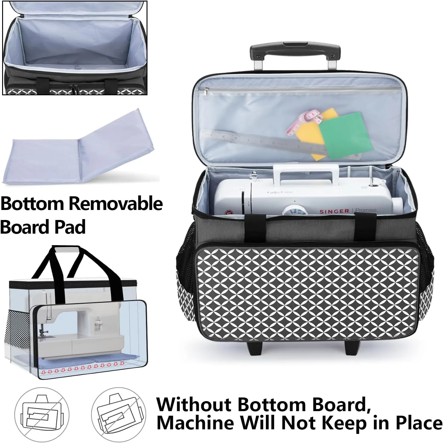 Yarwo 𝟐𝟎𝟐𝟓 𝐍𝐄𝐖 Detachable Rolling Sewing Machine Carrying Case, Trolley Tote Bag with Removable Bottom Board for Most Standard Sewing Machine and Accessoriess, Black with Grid