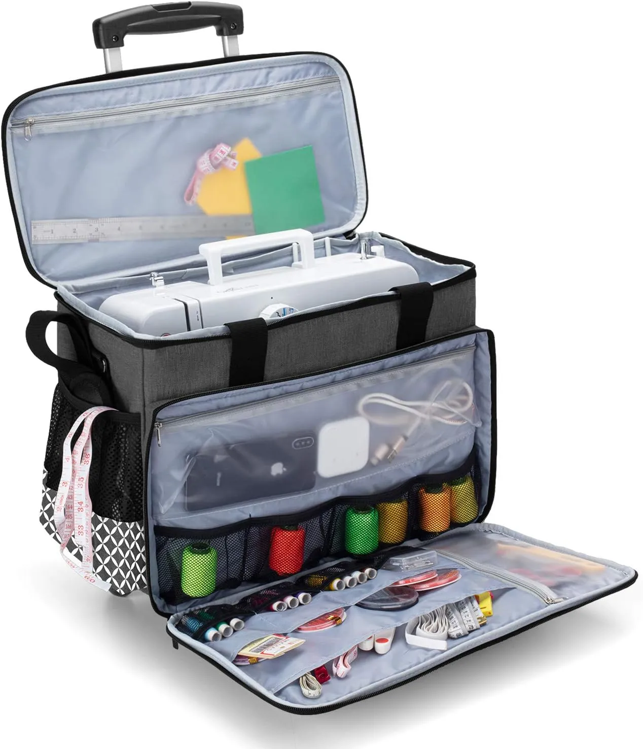 Yarwo 𝟐𝟎𝟐𝟓 𝐍𝐄𝐖 Detachable Rolling Sewing Machine Carrying Case, Trolley Tote Bag with Removable Bottom Board for Most Standard Sewing Machine and Accessoriess, Black with Grid