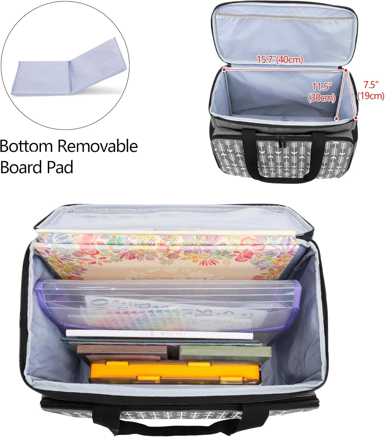 Yarwo Rolling Craft Bag on Wheels, Women Craft Scrapbook Tote Bag with Detachable Trolley and Extra Bottom Board for Teaching Crafts Supplies and Tools, Rolling Teacher Cart for Women, Gray Arrow