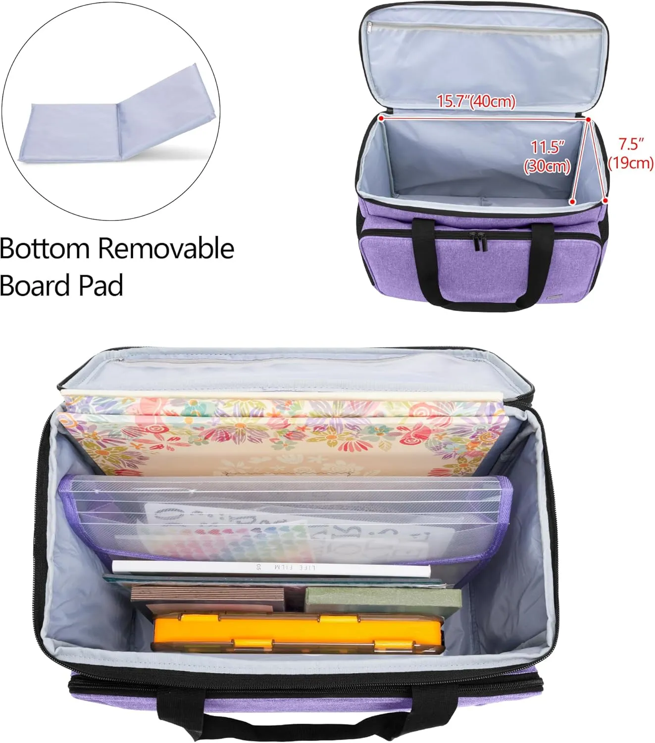 Yarwo Rolling Craft Bag on Wheels, Women Scrapbook Tote Bag with Detachable Trolley and Extra Bottom Board for Teaching Craft Supplies and Tools, Rolling Teacher Cart, Purple